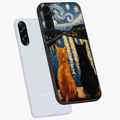 Starry River Cats Glass Case displayed in angled mockup highlighting charming feline illustration with dreamy night aesthetic.