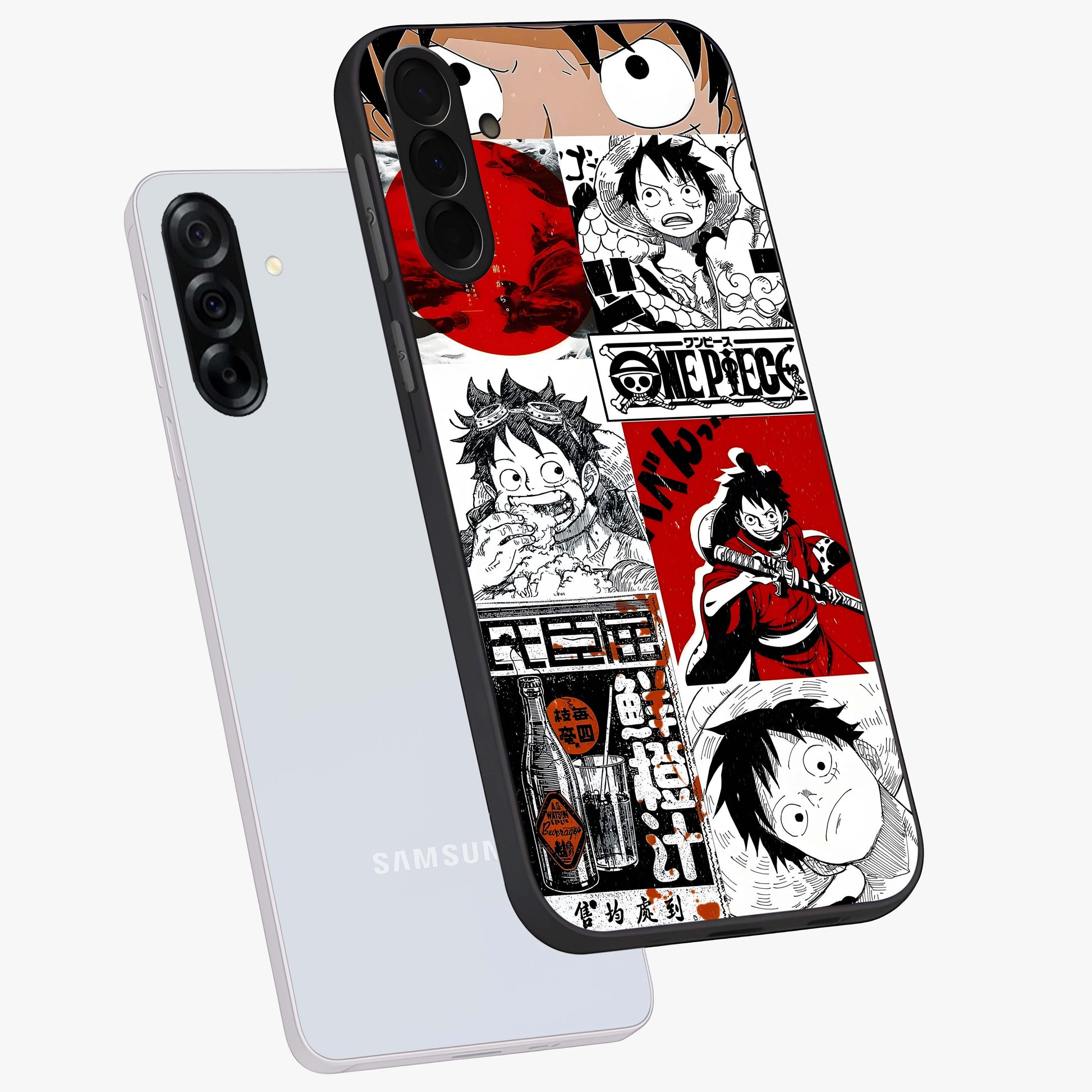 Strawhat Chaos Panels Glass Case displayed in angled mockup highlighting vibrant anime collage design with action aesthetic.