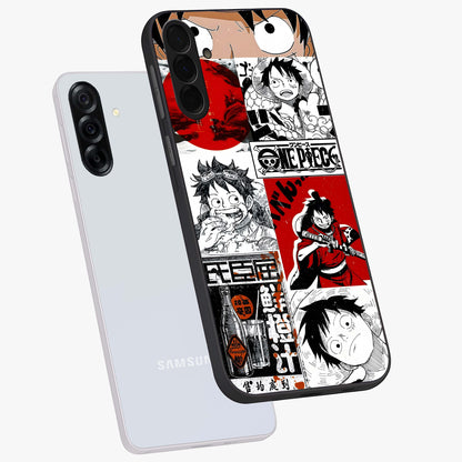 Strawhat Chaos Panels Glass Case displayed in angled mockup highlighting vibrant anime collage design with action aesthetic.
