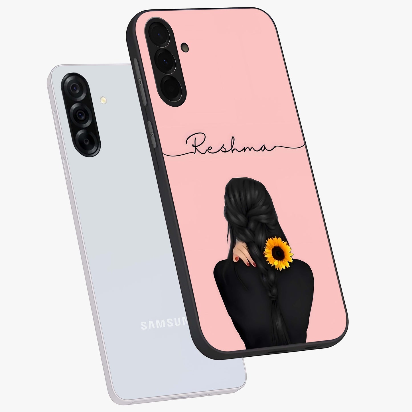 Sunflower Braid Beauty With Custom Name Glass Case displayed in angled mockup highlighting elegant sunflower design with custom name feature.