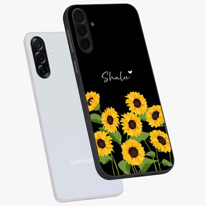 Sunflower Chic Mood Custom Name Glass Case displayed in angled mockup highlighting vibrant sunflower design with custom name feature.