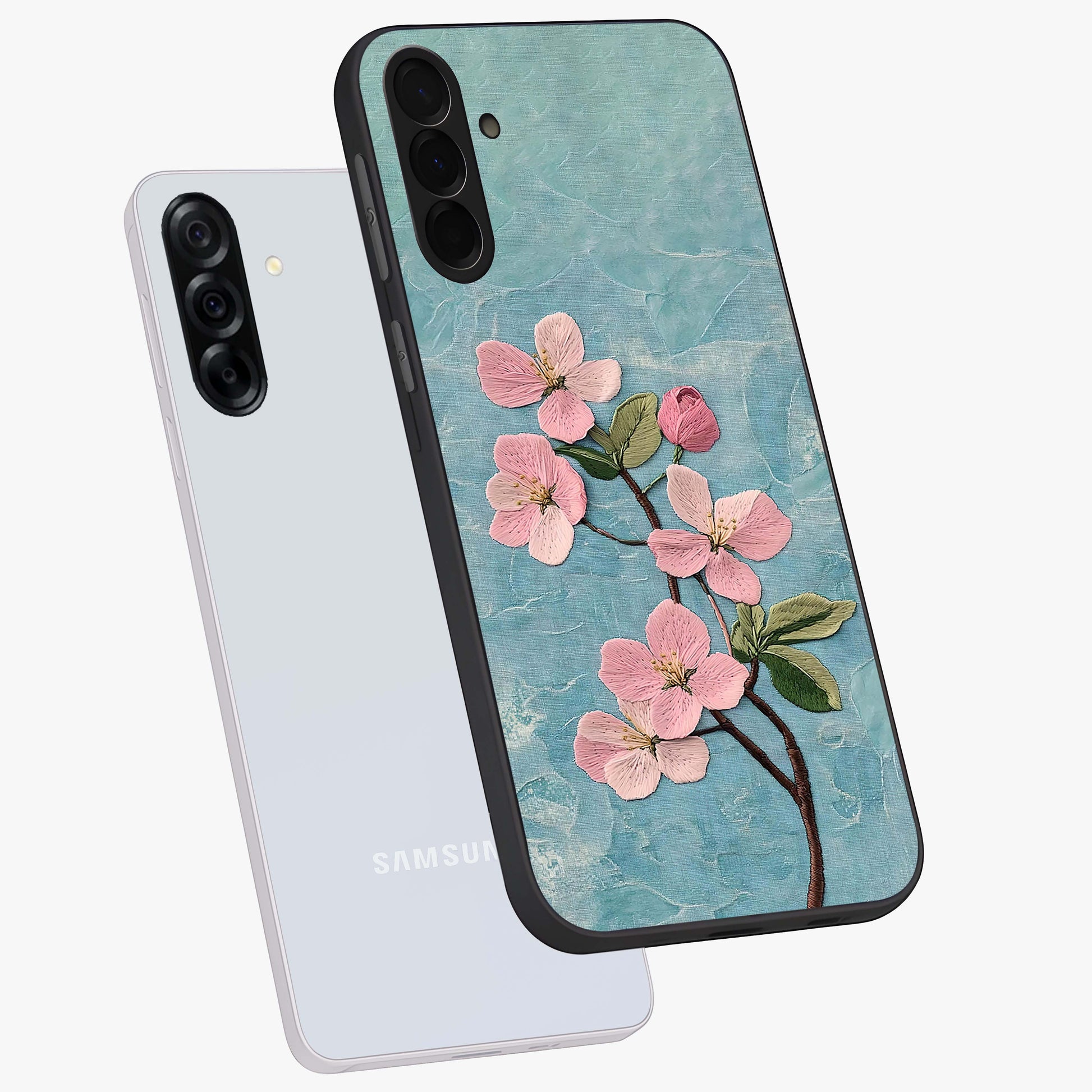 Threaded Blossom Breeze Glass Case displayed in angled mockup highlighting elegant floral design with soft aesthetic style.