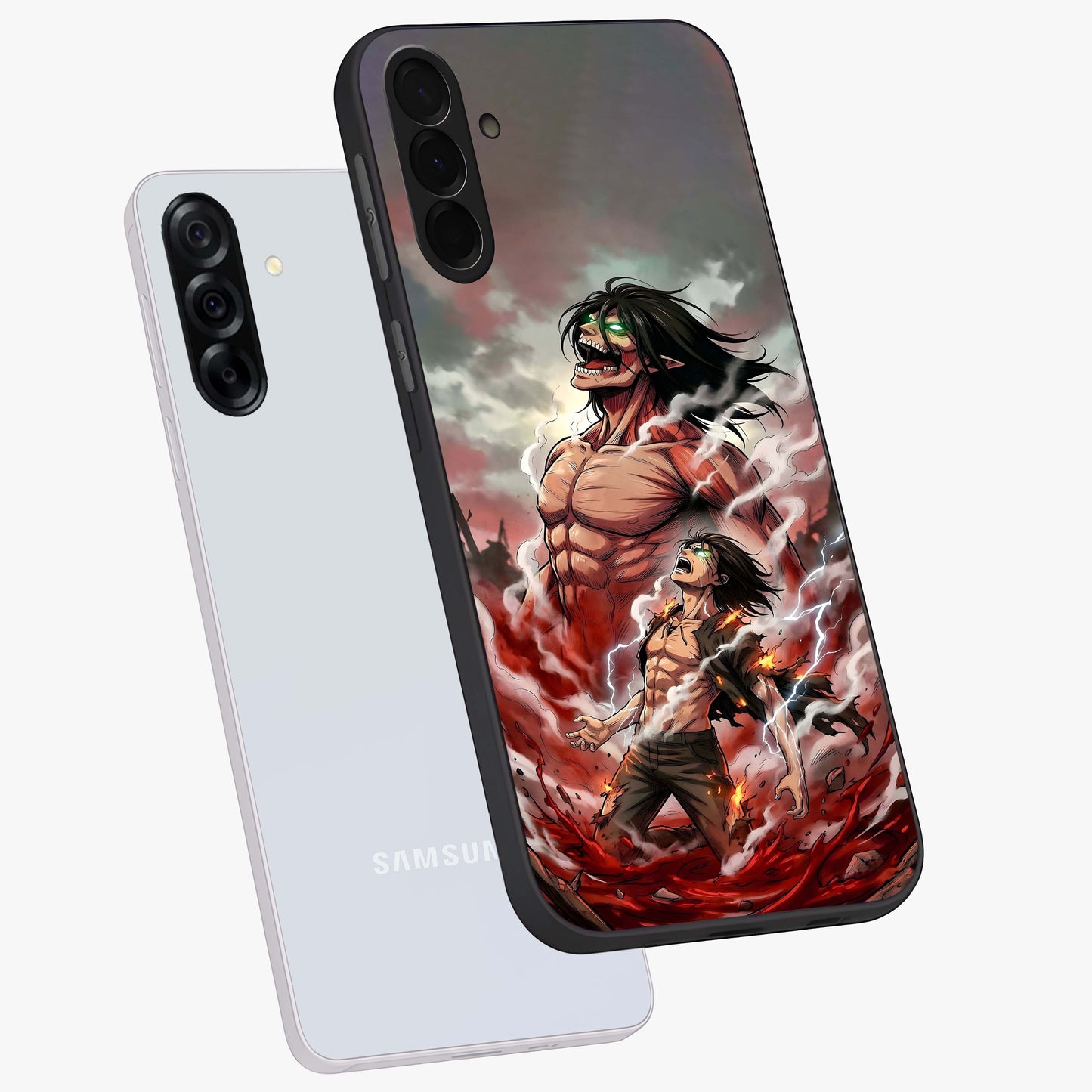 Titan Awakening Fury Glass Case displayed in angled mockup highlighting dramatic giant warrior design with bold anime aesthetic.