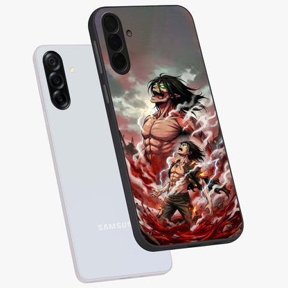 Titan Awakening Fury Glass Case displayed in angled mockup highlighting dramatic giant warrior design with bold anime aesthetic.