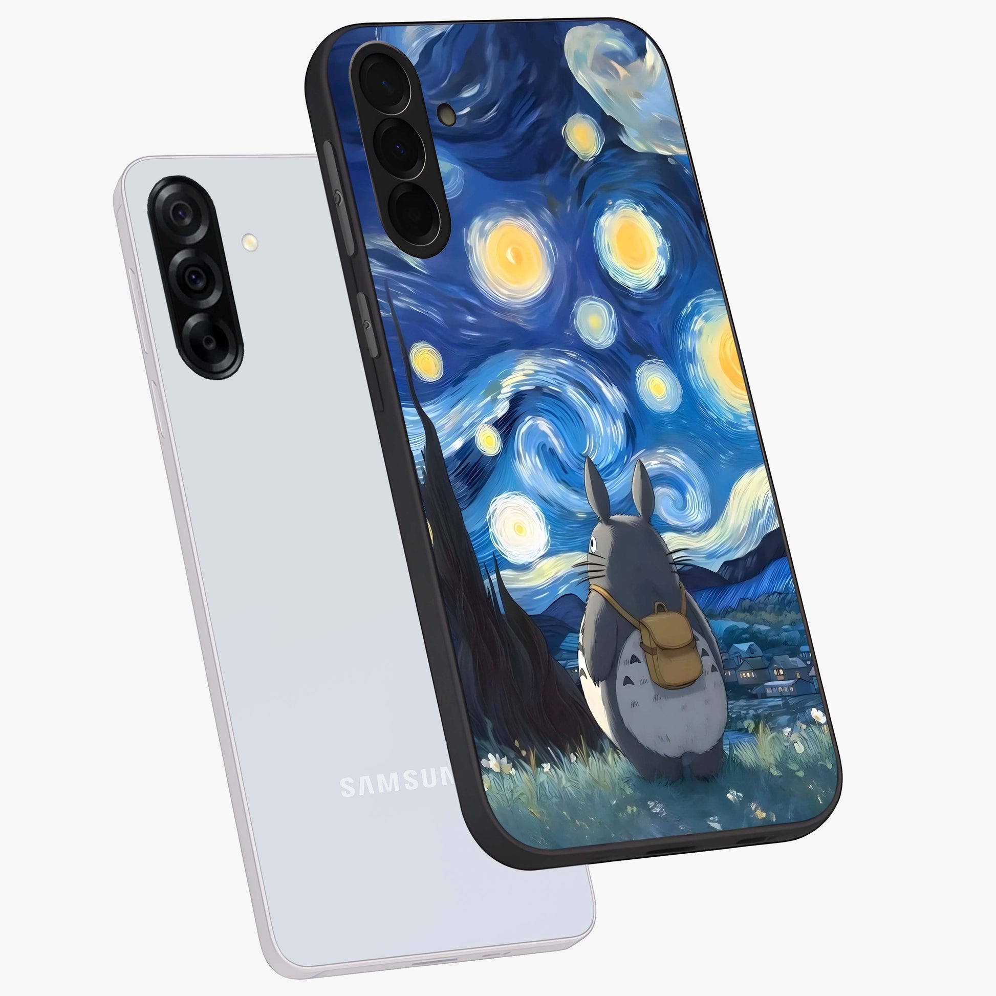 Totoro In Van Gogh Art Glass Case displayed in angled mockup highlighting artistic swirling sky design with playful animation aesthetic.
