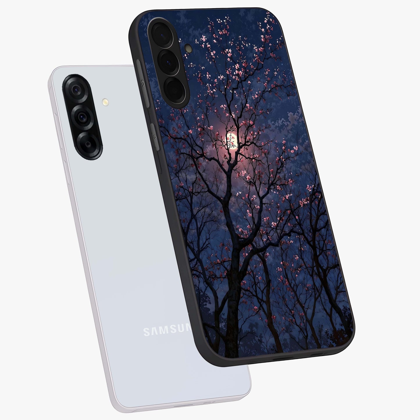 Twilight Sakura Serenade Glass Case displayed in angled mockup highlighting delicate sakura flower design with dreamy aesthetic.