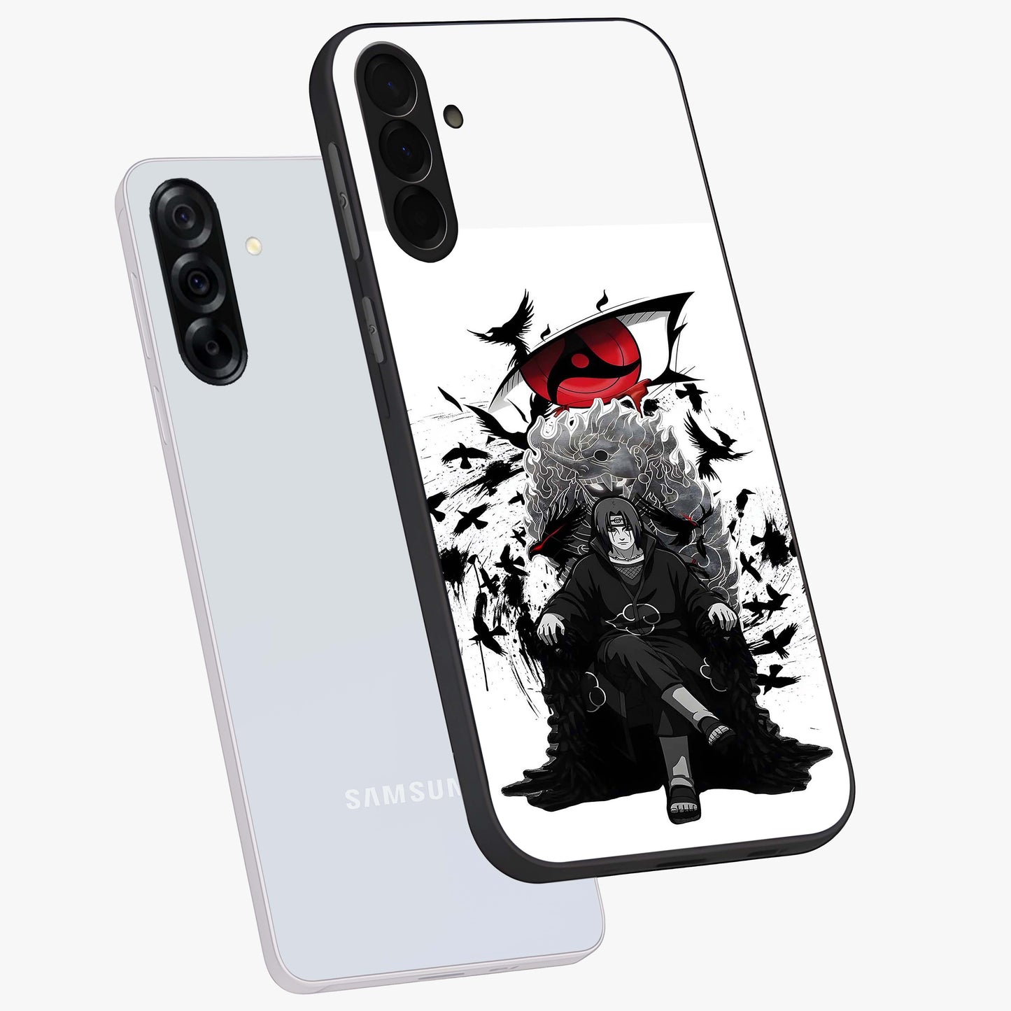 Uchiha Shadow Throne Glass Case displayed in angled mockup highlighting glowing aquatic design with celestial aesthetic.