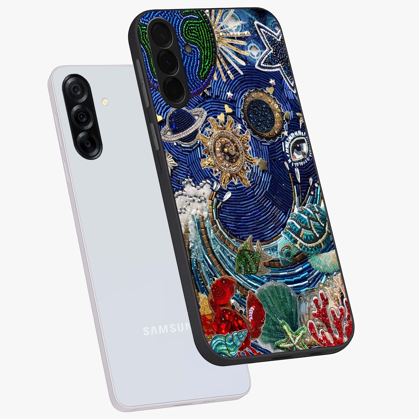 Universe Underwater Spark Glass Case displayed in angled mockup highlighting glowing aquatic design with celestial aesthetic.
