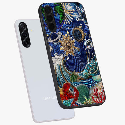 Universe Underwater Spark Glass Case displayed in angled mockup highlighting glowing aquatic design with celestial aesthetic.