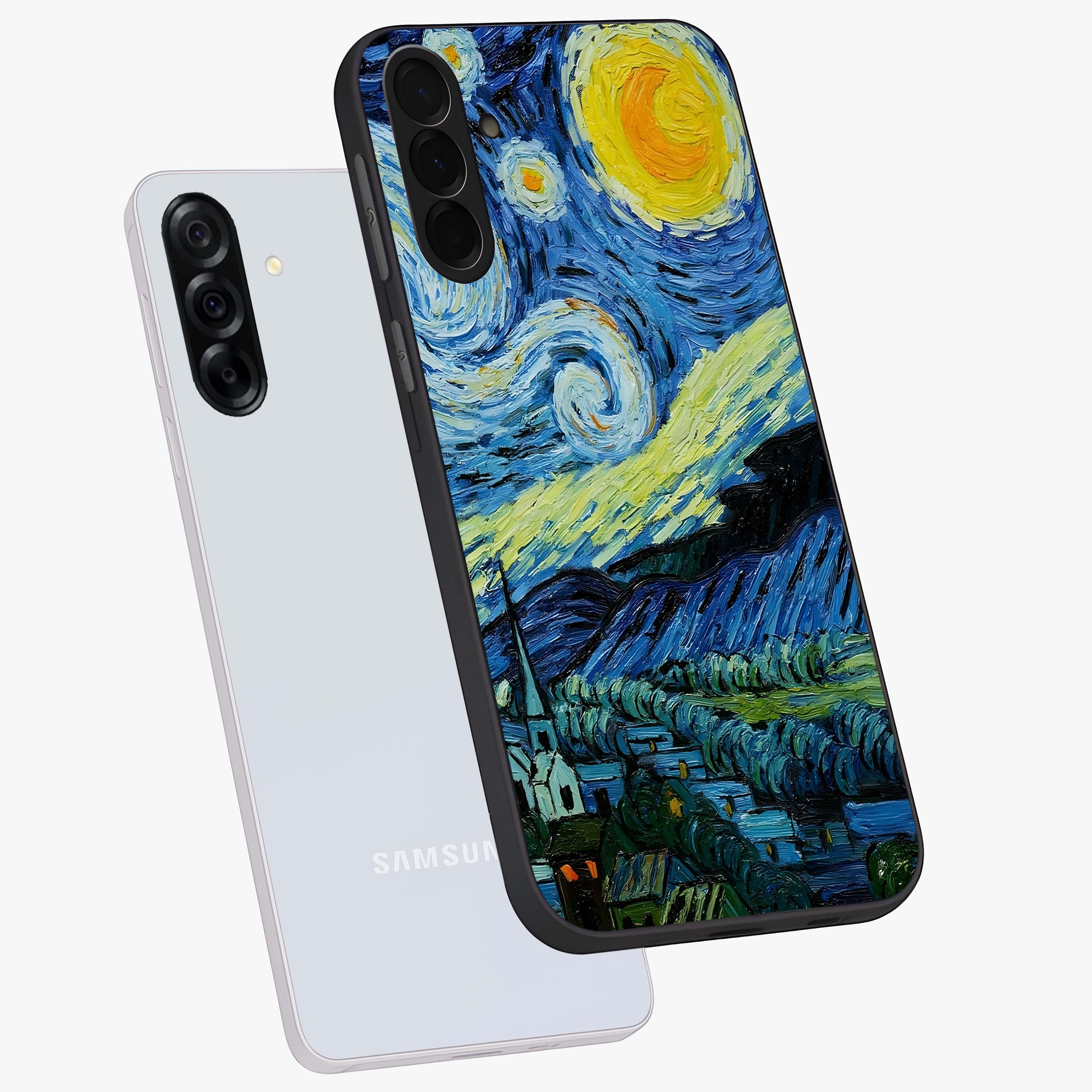 Van Gogh Art Glass Case displayed in angled mockup highlighting swirling brushstroke design with artistic aesthetic.