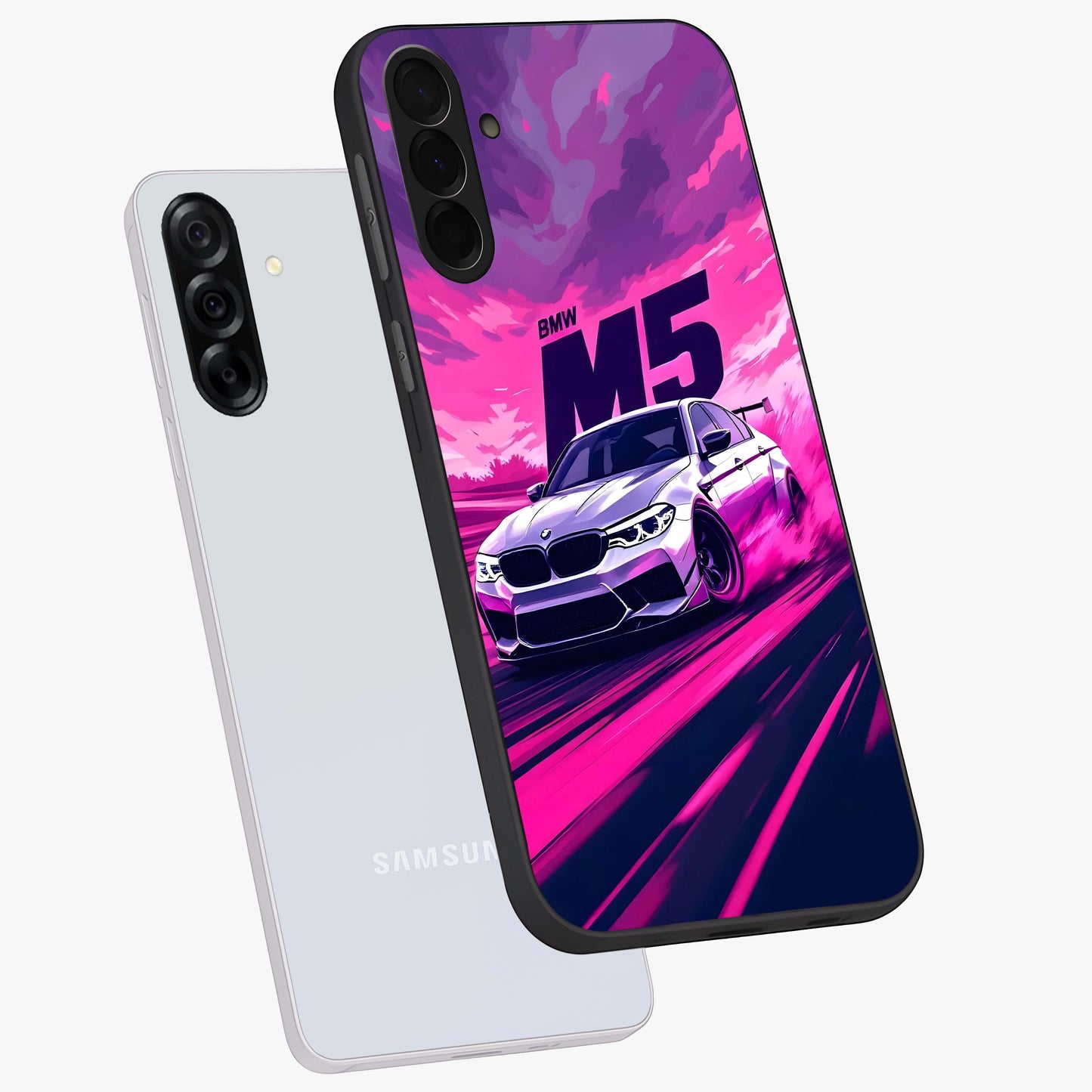 Velocity Drift Pulse Glass Case displayed in angled mockup highlighting dynamic drift design with sporty automotive aesthetic.