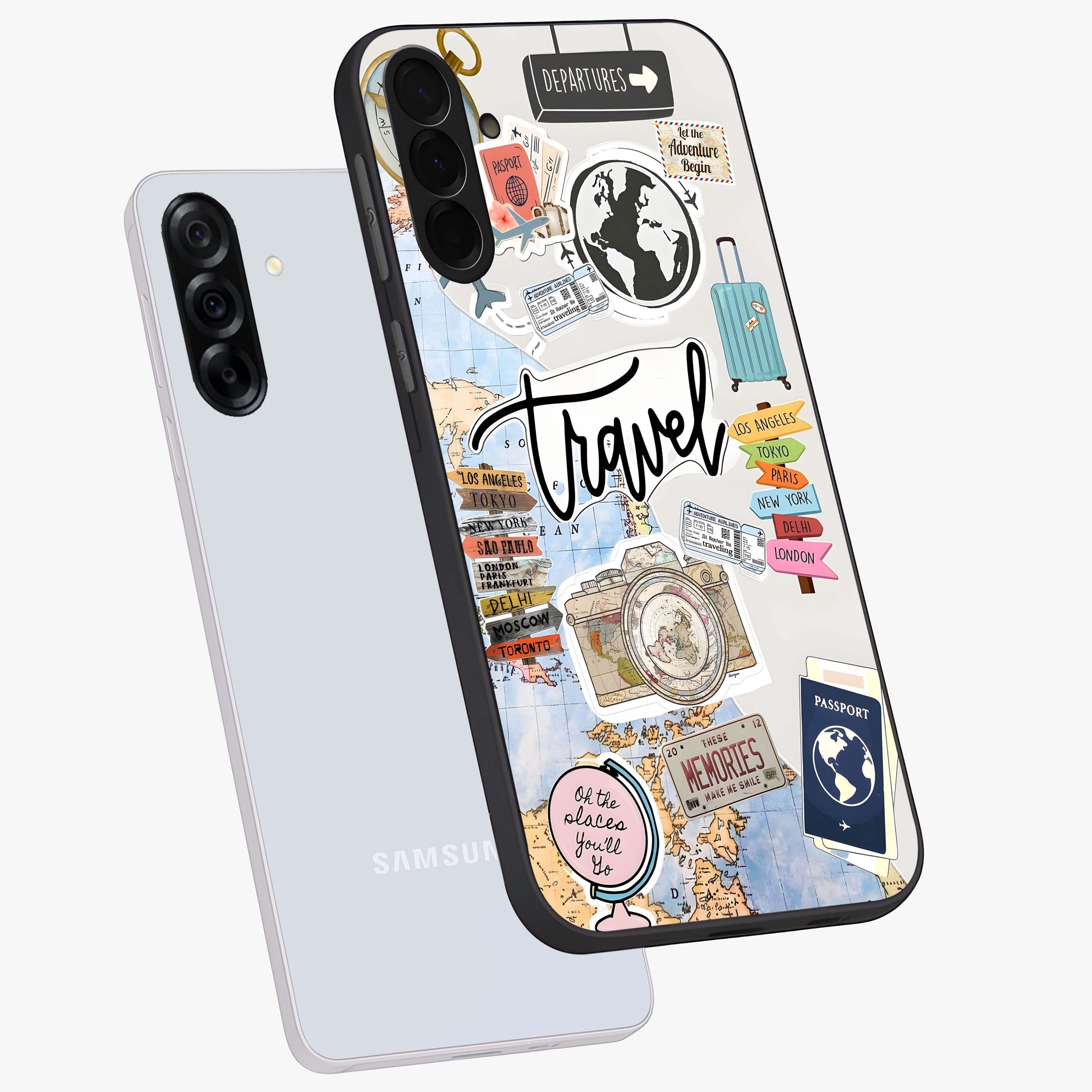 Wanderlust Journal Glass Case displayed in angled mockup highlighting adventure themed design with aesthetic travel vibe.