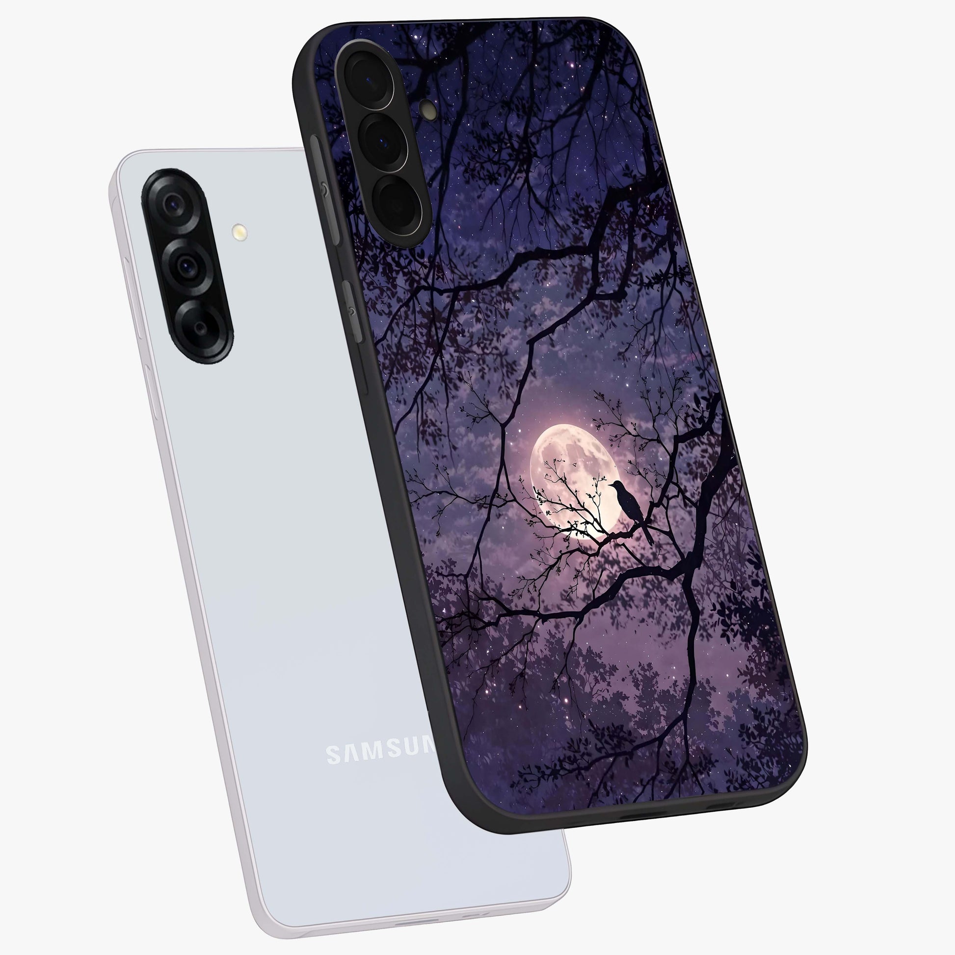 Whispering Moon Silence Glass Case displayed in angled mockup highlighting calm lunar design with dreamy night aesthetic.