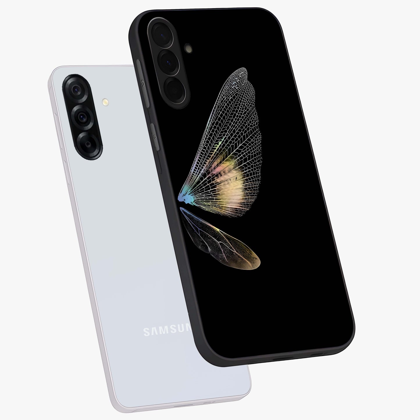 Whispers Of Wings Glass Case displayed in angled mockup highlighting soft feather design with celestial aesthetic style.