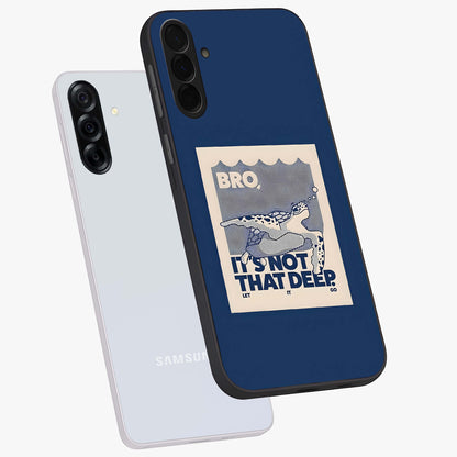 Worry Less Swim Glass Case displayed in angled mockup highlighting fun typography design with relaxed aesthetic style.