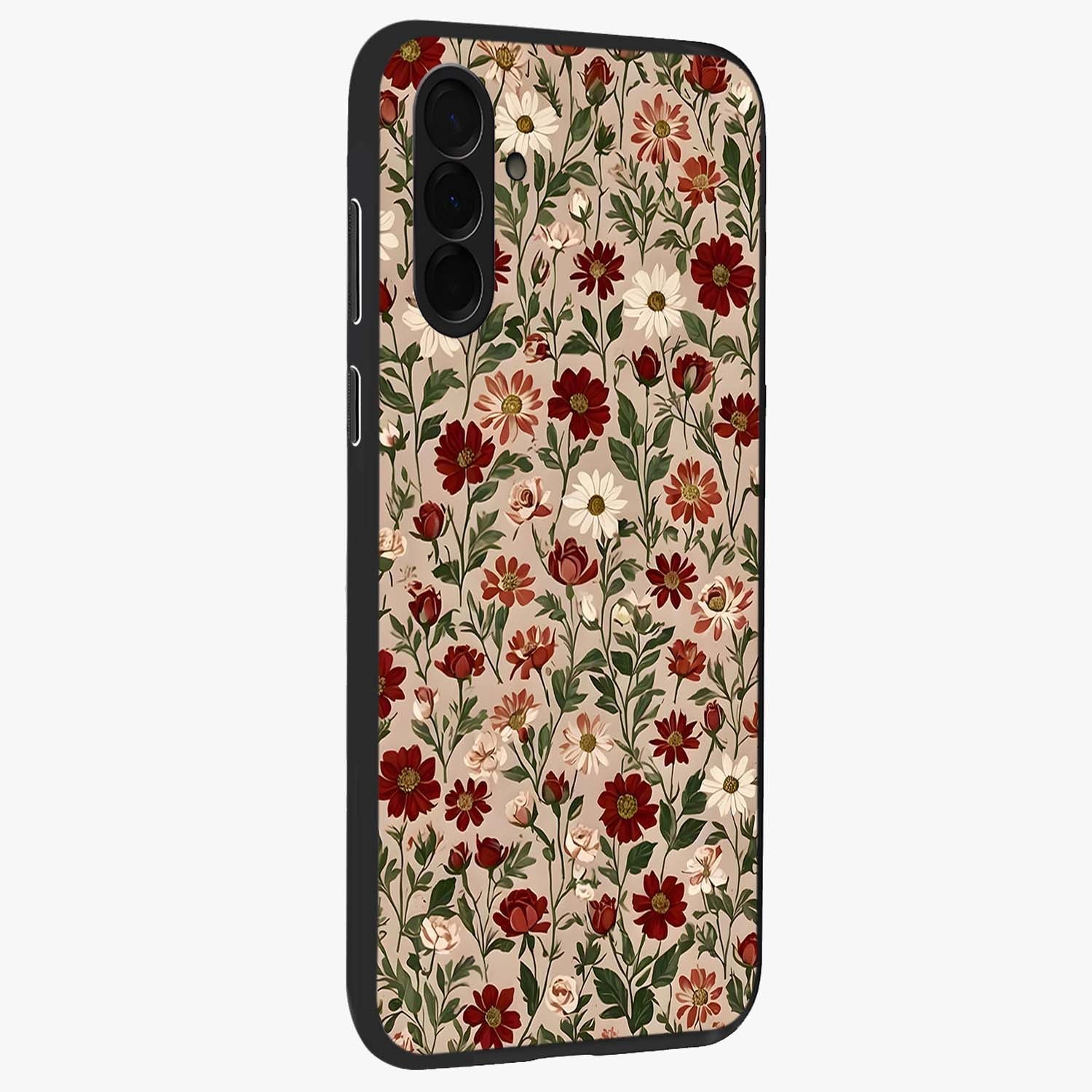 Biege Flower With Leaf Glass Case upright view showcasing delicate beige flower illustration with clean botanical style.
