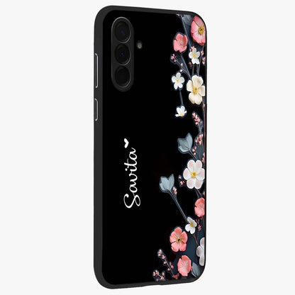 Black Elegance Floral Custom Name Glass Case upright view showcasing luxurious black floral design with personalized name detail.
