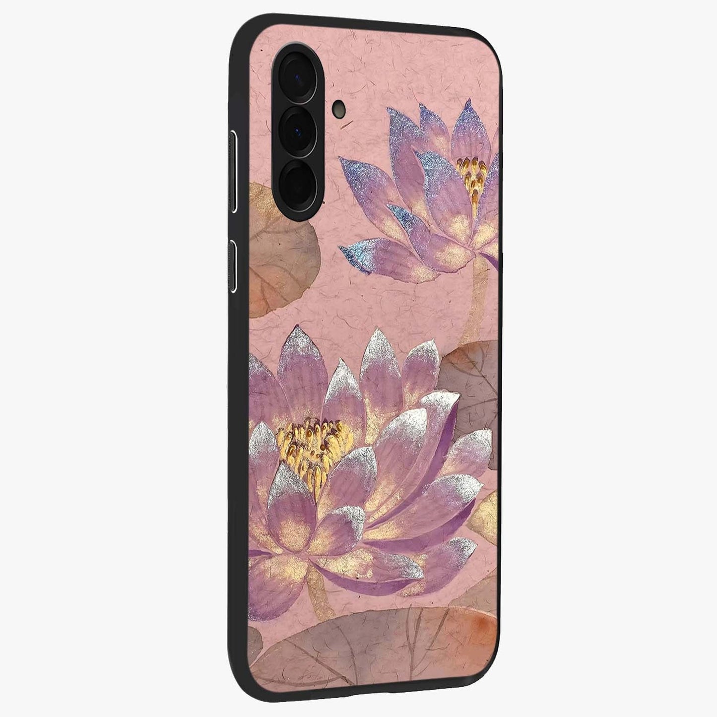 Blossom Mist Lotus Glass Case upright view showcasing graceful lotus flower design with peaceful botanical style.