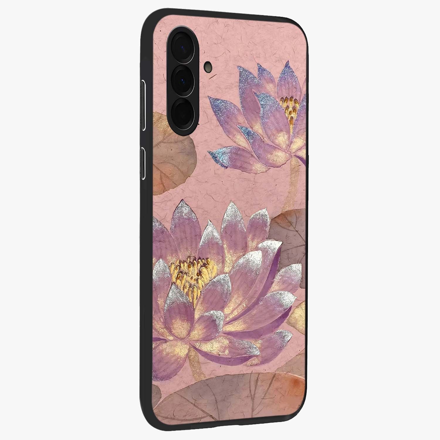 Blossom Mist Lotus Glass Case upright view showcasing graceful lotus flower design with peaceful botanical style.