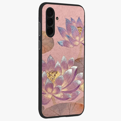Blossom Mist Lotus Glass Case upright view showcasing graceful lotus flower design with peaceful botanical style.