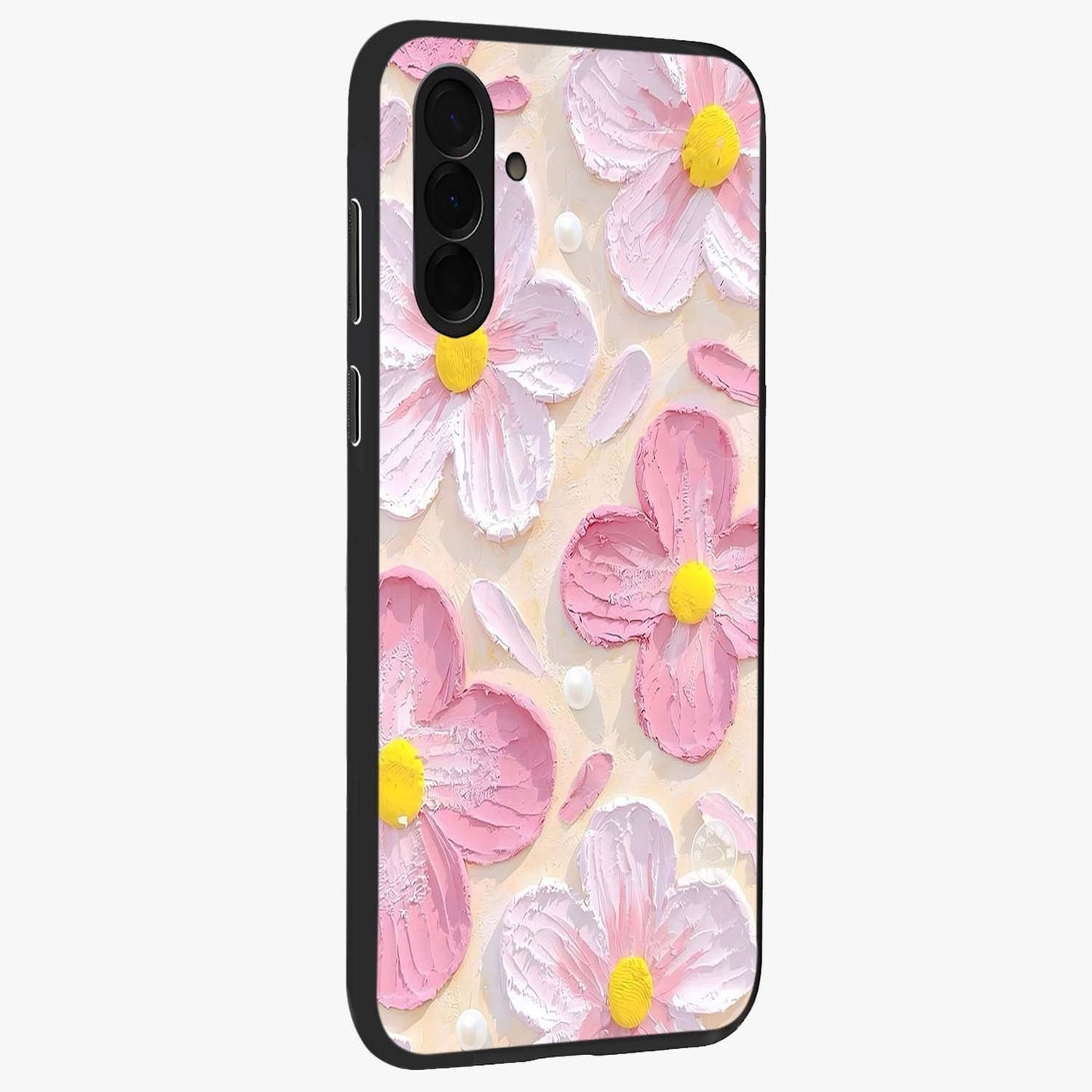 Blush Bloom Texture Glass Case upright view showcasing delicate blush floral texture with modern minimal style.