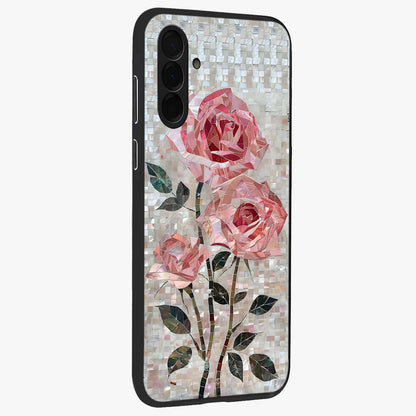 Blush Mosaic Bloom Glass Case upright view showcasing decorative floral mosaic artwork with stylish modern aesthetic.