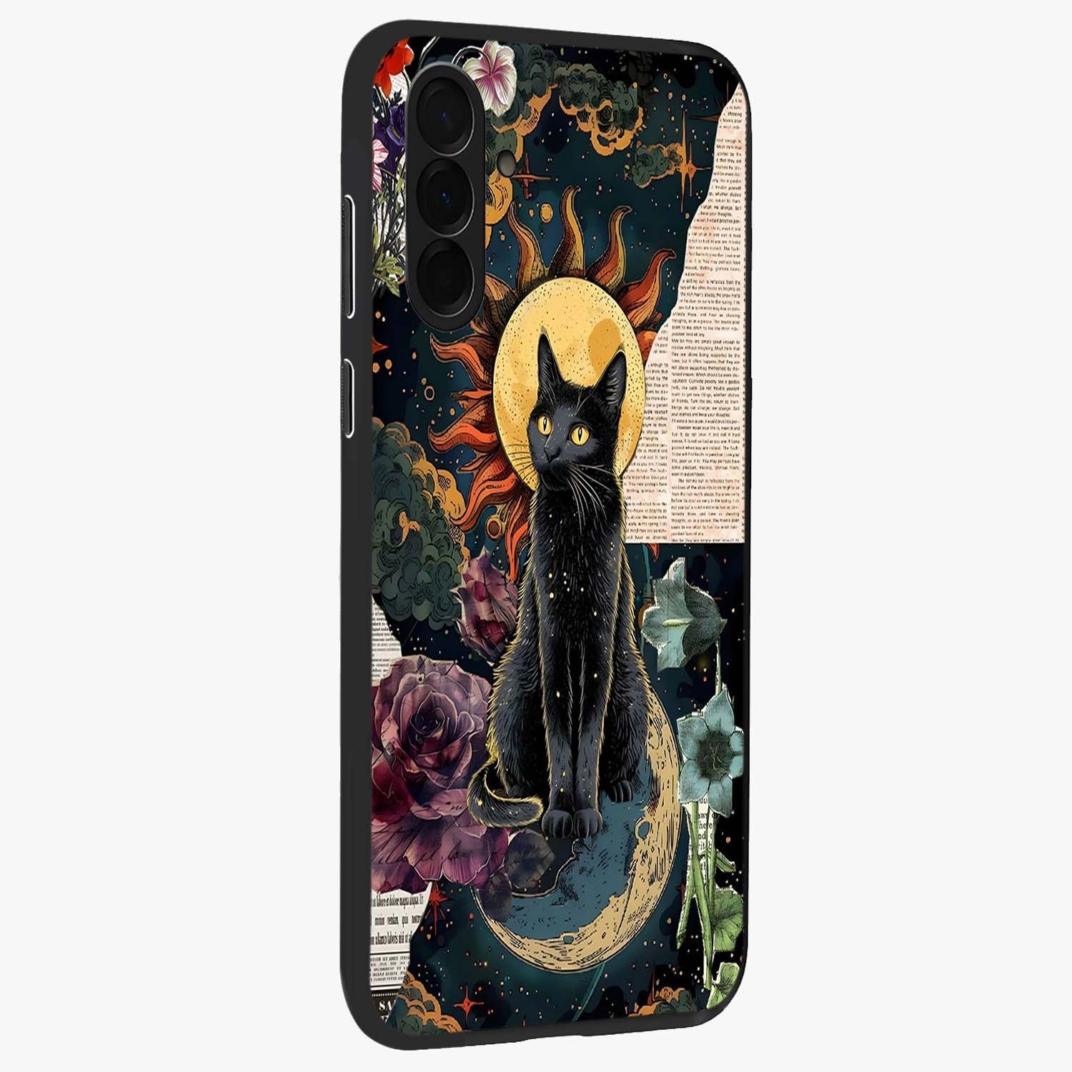 Celestial Black Cat Glass Case upright view showcasing magical black cat illustration with starry cosmic theme.