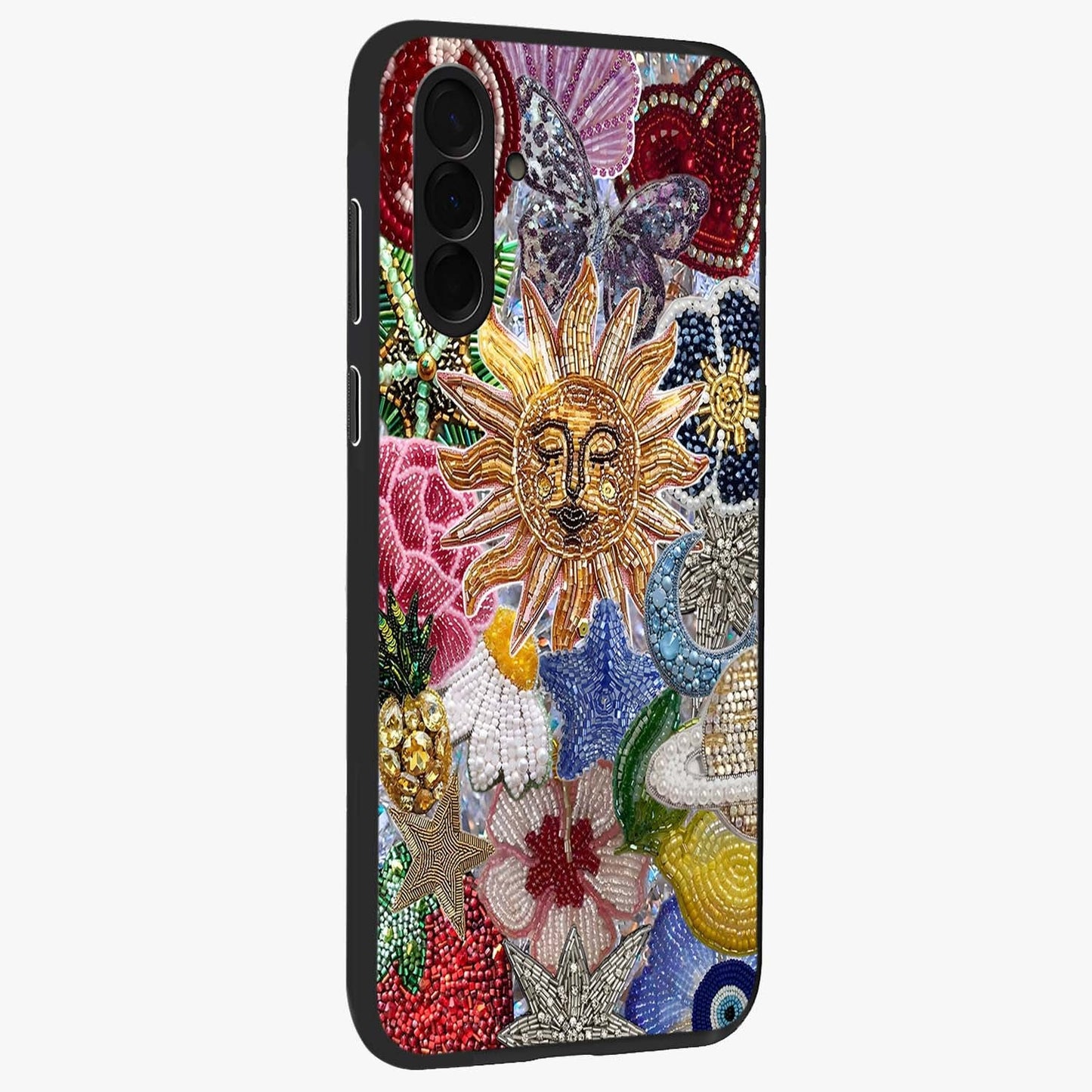 Celestial Floral and Playful Glass Case upright view showcasing whimsical floral artwork with cosmic aesthetic theme.