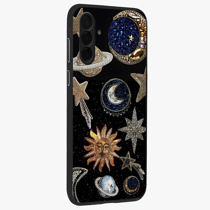 Celestial Gem Constellations Glass Case upright view showcasing cosmic constellation artwork with celestial aesthetic style.