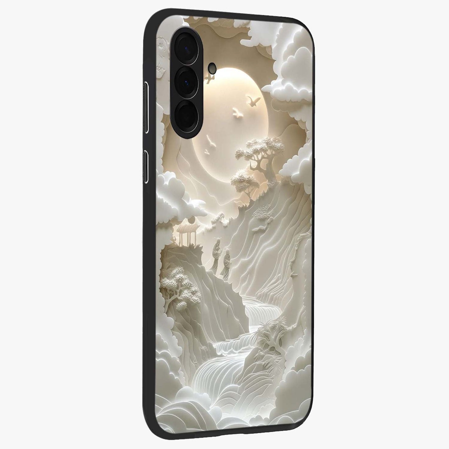 Celestial Origami Glass Case upright view showcasing creative origami artwork with modern celestial style.