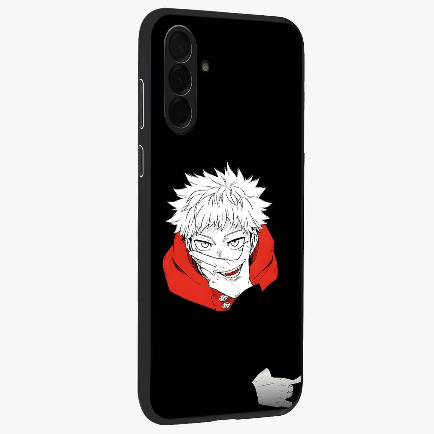 Crimson Chaos Smile Glass Case upright view showcasing expressive chaotic artwork with striking visual theme.