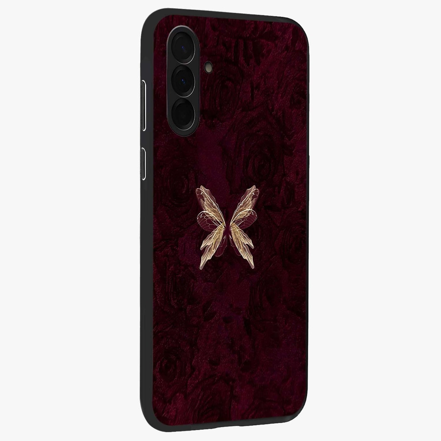 Crimson Fade Butterfly Glass Case upright view showcasing graceful butterfly artwork with soft crimson fade effect.