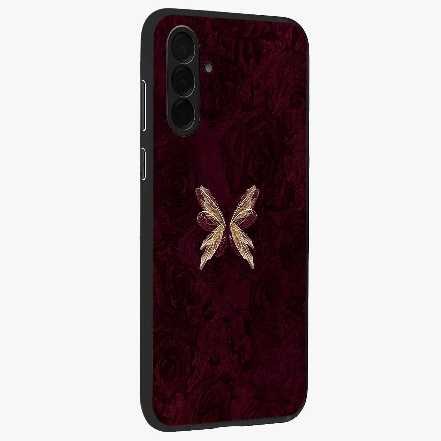 Crimson Fade Butterfly Glass Case upright view showcasing graceful butterfly artwork with soft crimson fade effect.