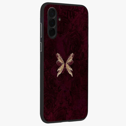 Crimson Fade Butterfly Glass Case upright view showcasing graceful butterfly artwork with soft crimson fade effect.