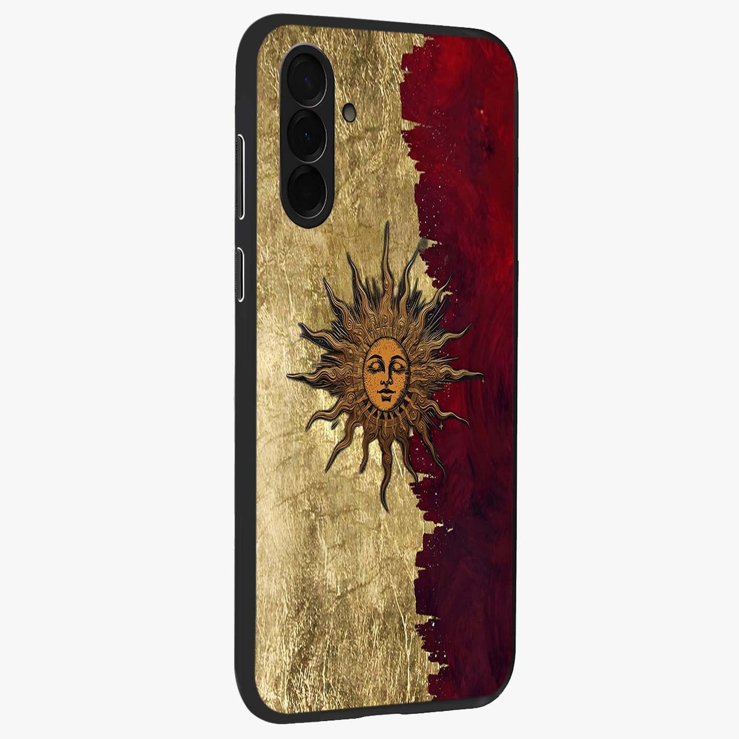 Crimson Sun Majesty Glass Case upright view showcasing vibrant sun artwork with powerful celestial theme.