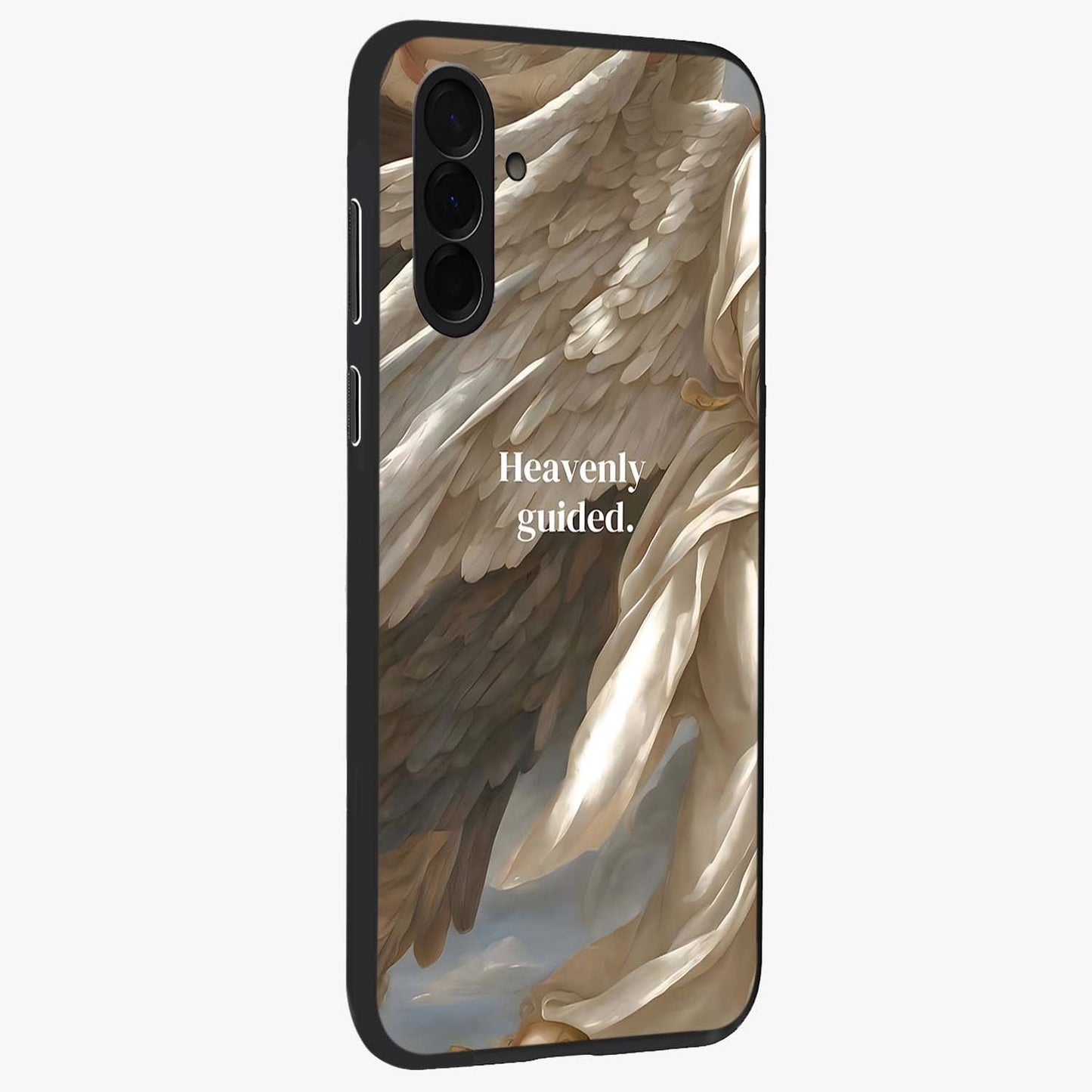 Divine Winged Grace Glass Case upright view showcasing spiritual wing artwork with soft celestial theme.