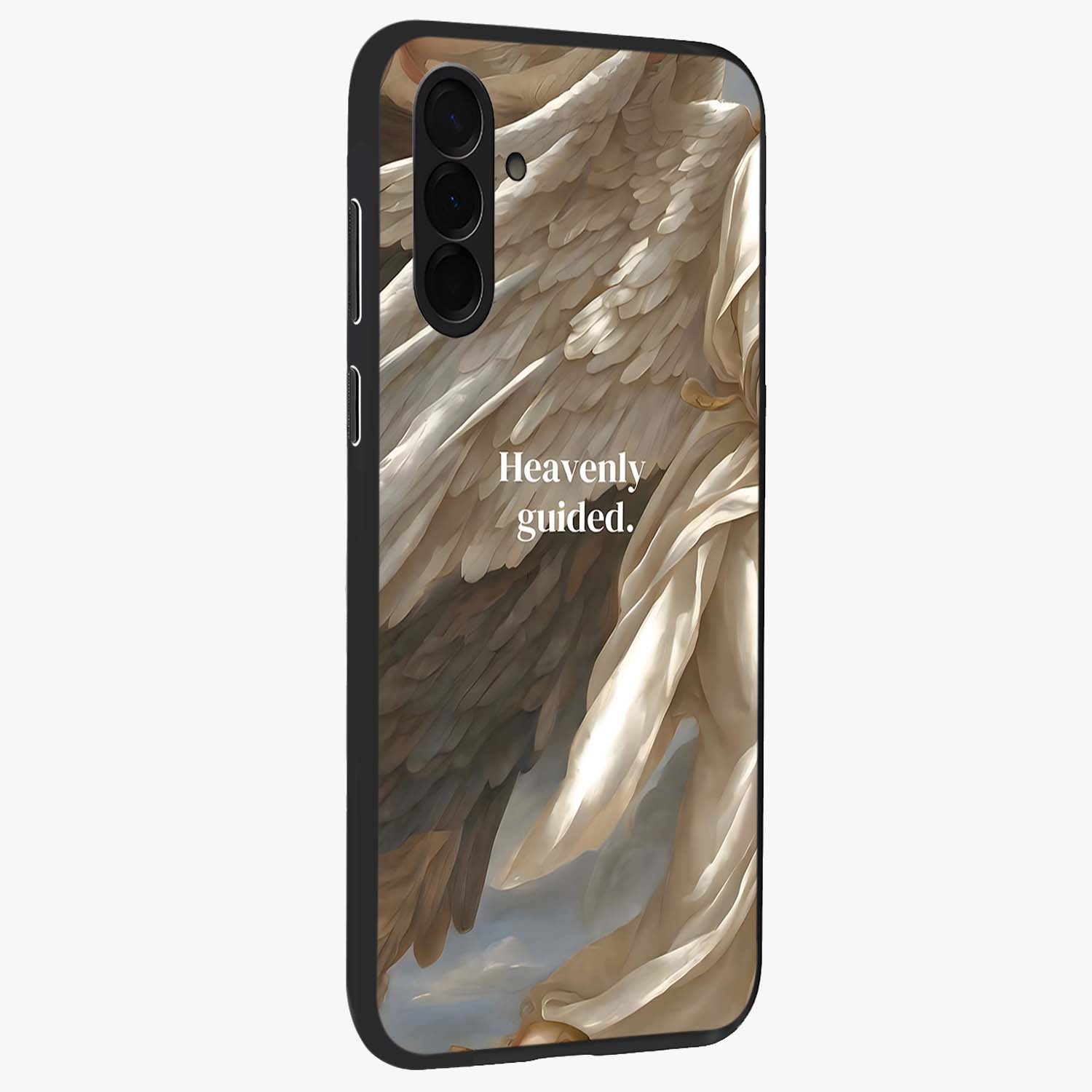 Divine Winged Grace Glass Case upright view showcasing spiritual wing artwork with soft celestial theme.