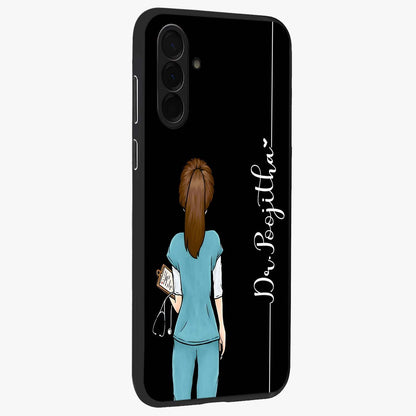 Doctor Pattern Custom Name Glass Case upright view showcasing healthcare themed design with personalized aesthetic.
