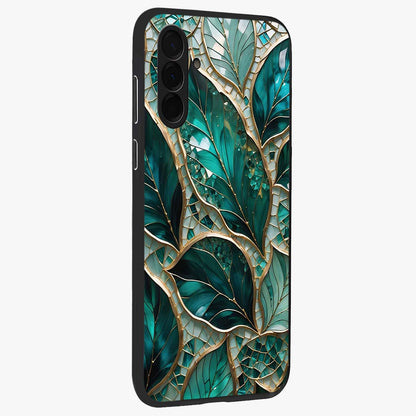 Emerald Leaf Glass Glass Case upright view showcasing fresh green leaf artwork with calming nature inspired style.