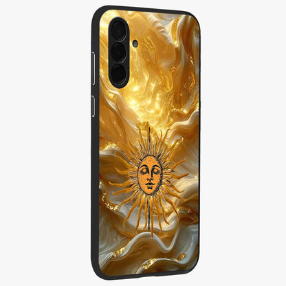 Eternal Golden Glow Glass Case upright view showcasing luminous golden artwork with luxurious visual theme.