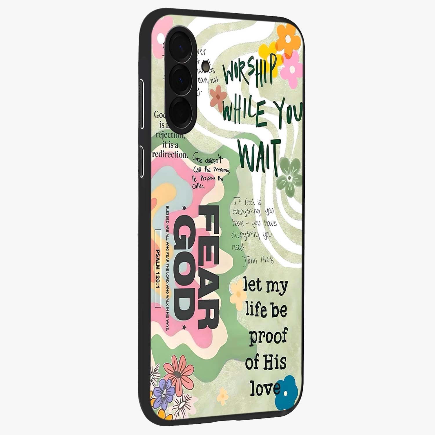 Faith Over Fear Glass Case upright view showcasing bold typography artwork with uplifting motivational theme.