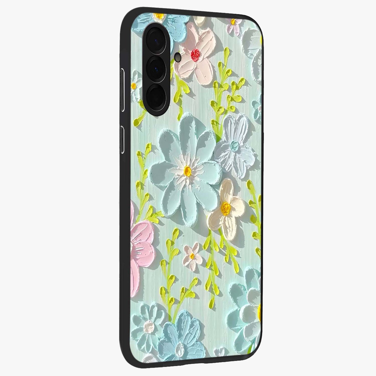 Frosted Petal Garden Glass Case upright view showcasing elegant floral garden artwork with soothing pastel theme.