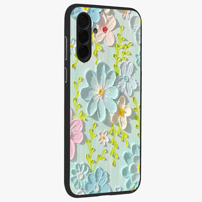 Frosted Petal Garden Glass Case upright view showcasing elegant floral garden artwork with soothing pastel theme.