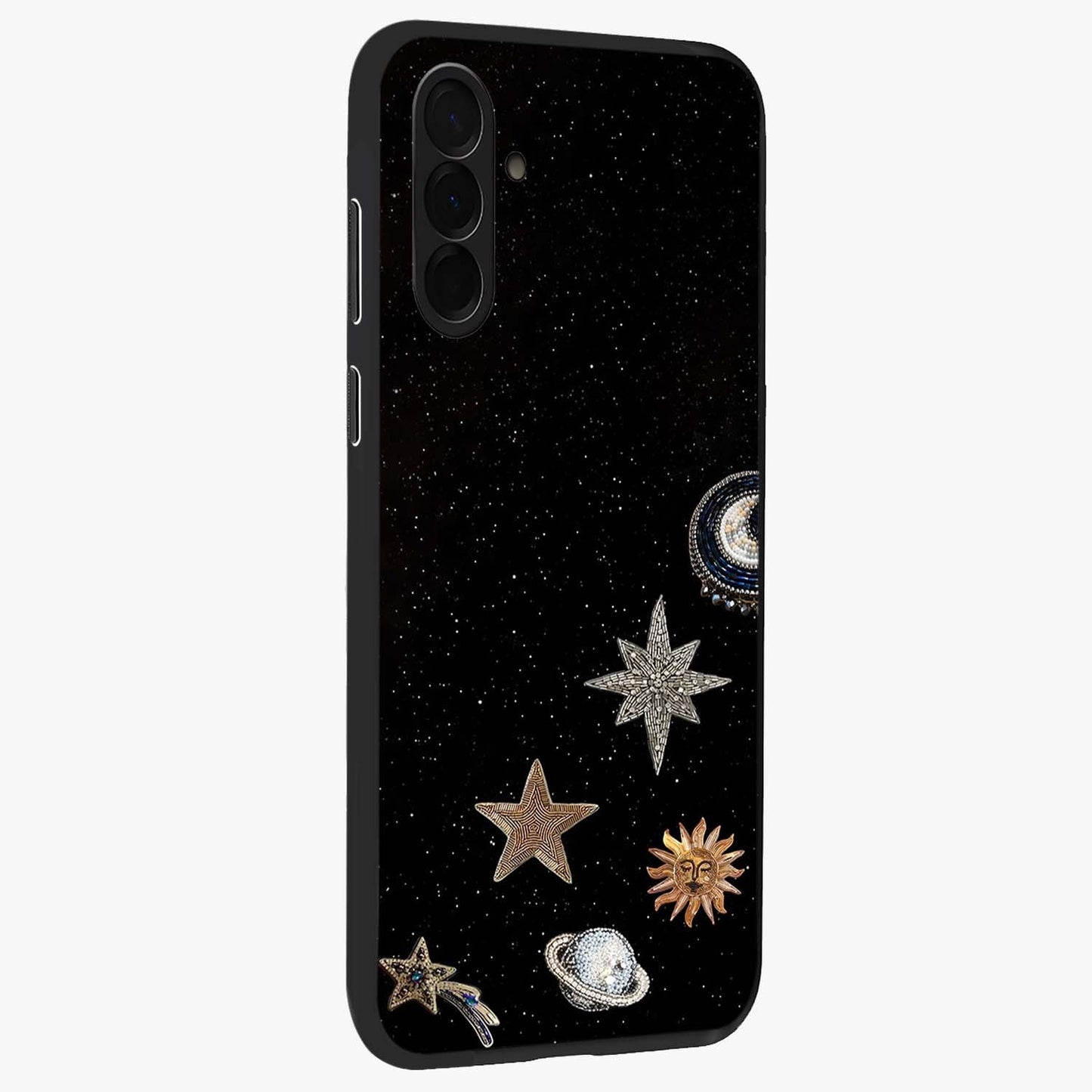 Galactic Charm Glow Glass Case upright view showcasing glowing cosmic charm artwork with magical celestial style.