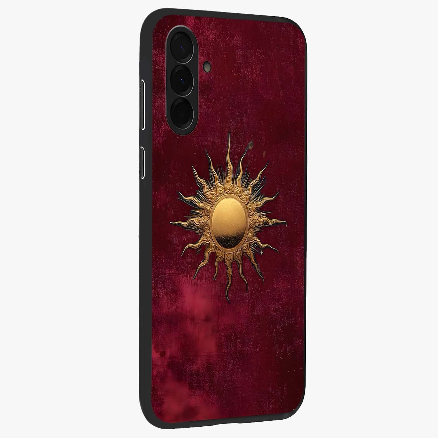 Golden Sun Minimalism Glass Case upright view showcasing simple golden sun artwork with elegant minimalist style.