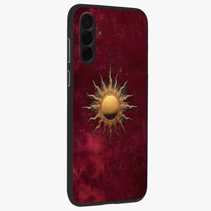 Golden Sun Minimalism Glass Case upright view showcasing simple golden sun artwork with elegant minimalist style.