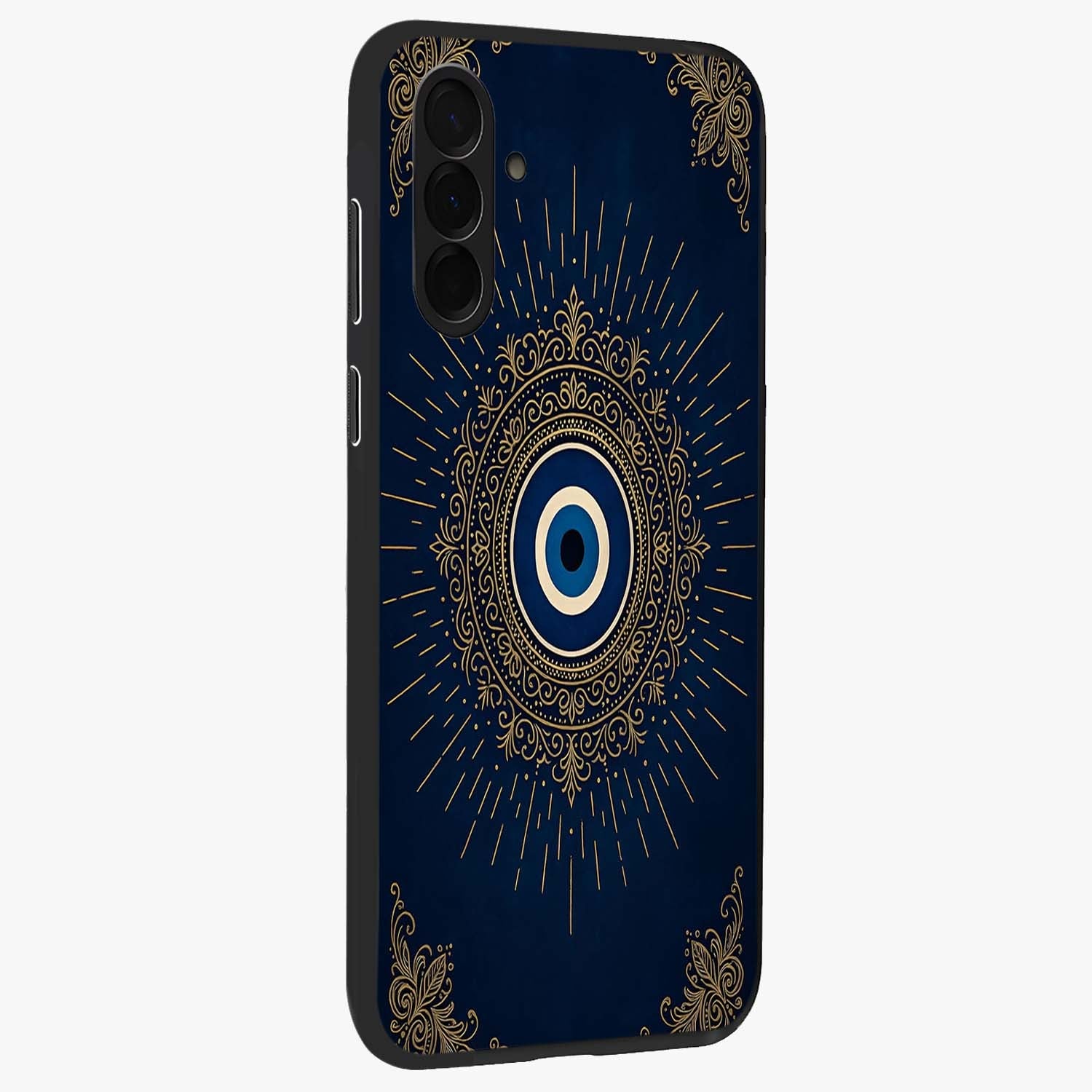 Golden Celestial Charm Glass Case upright view showcasing radiant celestial artwork with elegant golden theme.