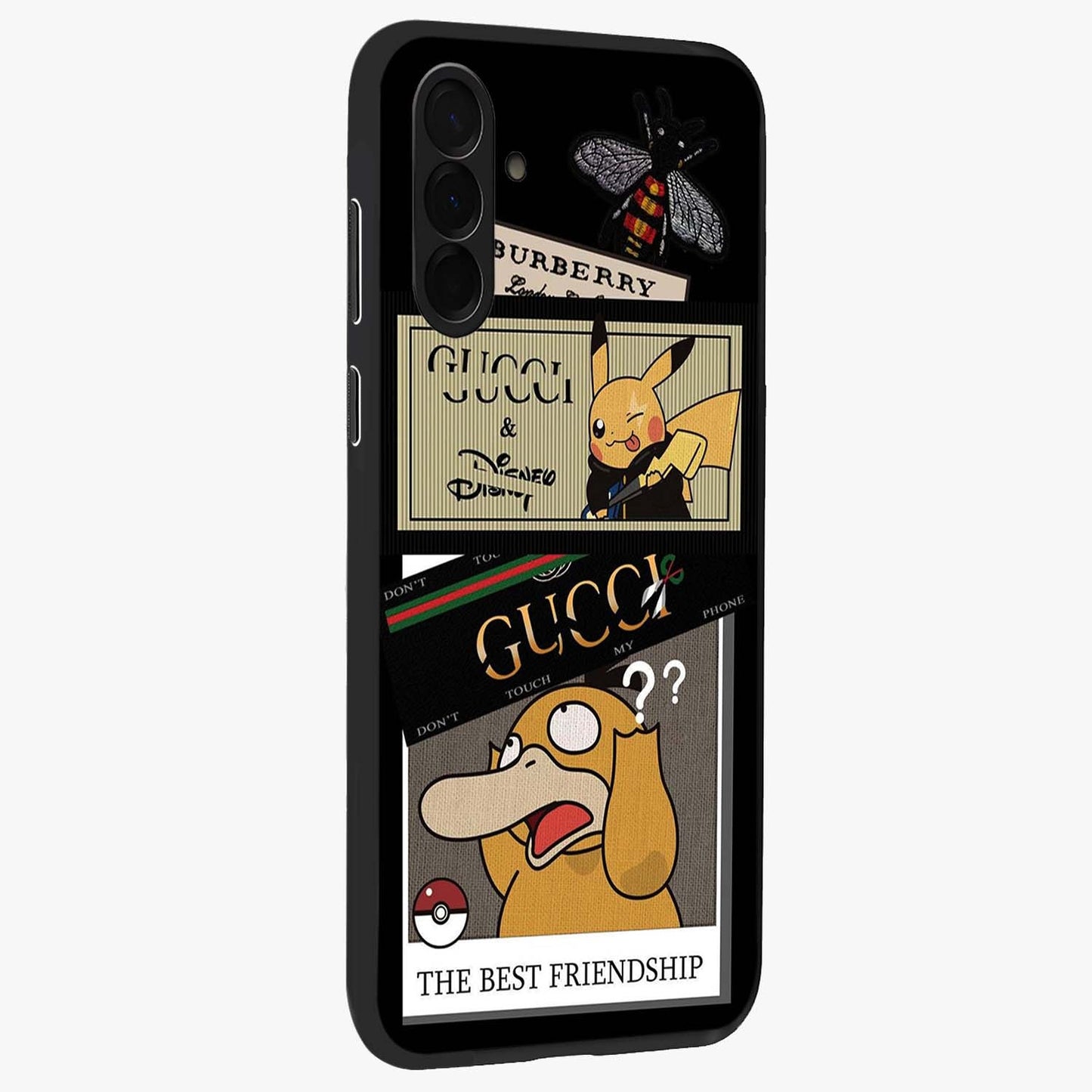 Gucci Play Mashup Glass Case upright view showcasing trendy luxury inspired artwork with modern fashion theme.