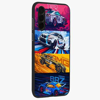 JDM Sports Car Glass Case upright view showcasing dynamic sports car artwork with bold racing theme.