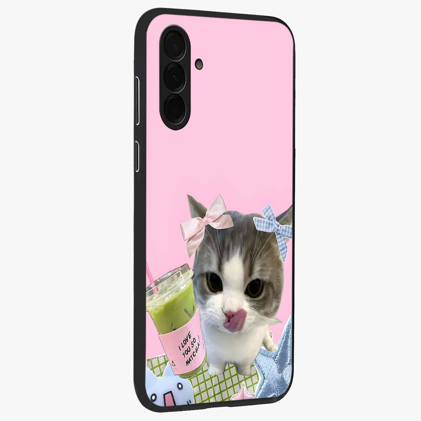 Love Matcha Cat Glass Case upright view showcasing adorable cat artwork with charming matcha themed design.